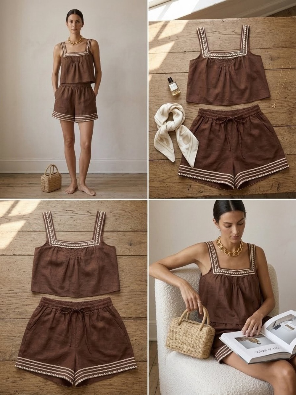 Brown Two-Piece Sleeveless Crop top + Shorts Set with White Trim - Picture 3 of 11